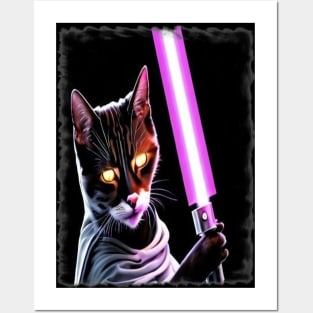 Fun Cat Print ~ AI Art ~ Fantasy Cat ~ Sci-fi Cat ~ Cats with Lightsabers Posters and Art